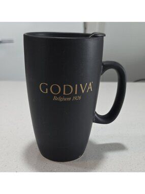 GODIVA 15oz Black Stoneware Coffee Mug w/ Lid Microwave & Dishwasher Safe
